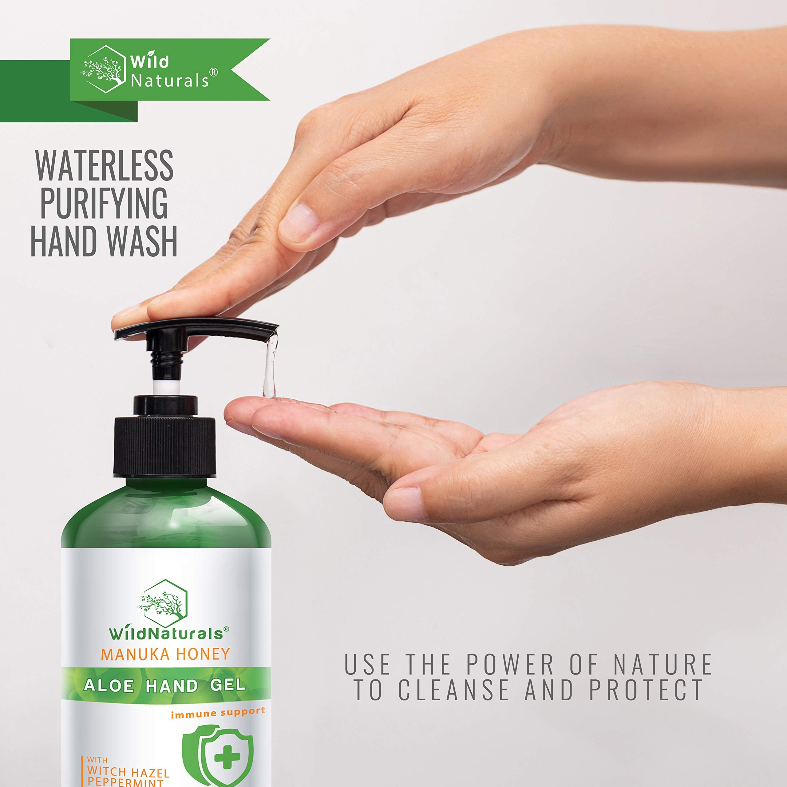 Wild Naturals Pure Aloe Vera Gel Hand Cleaner - 100% Aloe Vera Gel Organic with Manuka Honey, Witch Hazel, Peppermint, Oregano, Rosemary, & Cleansing Tea Tree - Organic Waterless Purifying Wash